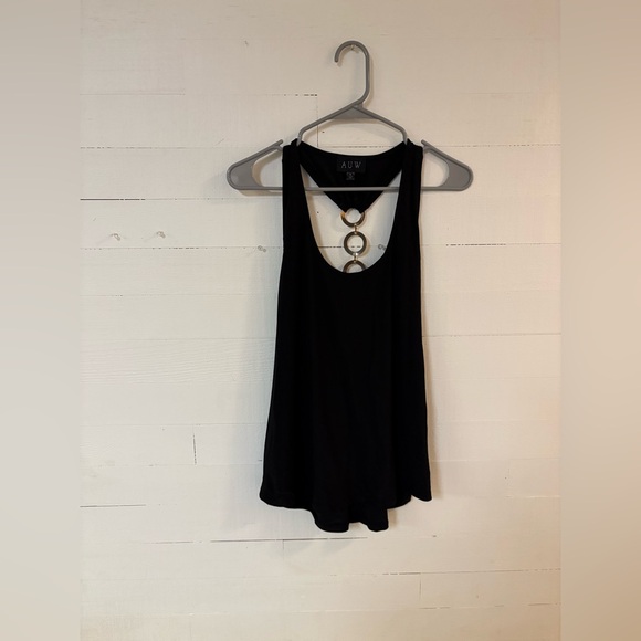 AUW Tops - AUW Black Halter Tank Top L Open Back Gold Ring Detail Party Clubwear